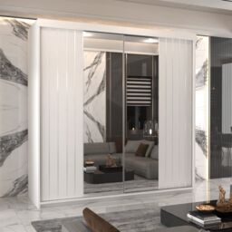 MN Furniture Merida Sliding Wardrobe with Mirror & LED Light 150x217cm in White - Size: 150x217 cm