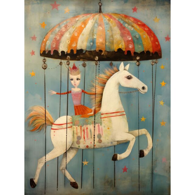 "Artery8 Wall Art Print Folk Art Whimsical Carousel Fairground Kids Girls Bedroom Artwork Soft Pastel Horse Poster in Blue - Size: W18"" x H24""" - image 1