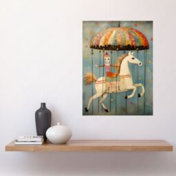 "Artery8 Wall Art Print Folk Art Whimsical Carousel Fairground Kids Girls Bedroom Artwork Soft Pastel Horse Poster in Blue - Size: W18"" x H24""" - thumbnail 2