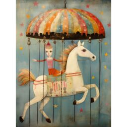 "Artery8 Wall Art Print Folk Art Whimsical Carousel Fairground Kids Girls Bedroom Artwork Soft Pastel Horse Poster in Blue - Size: W18"" x H24""" - thumbnail 1