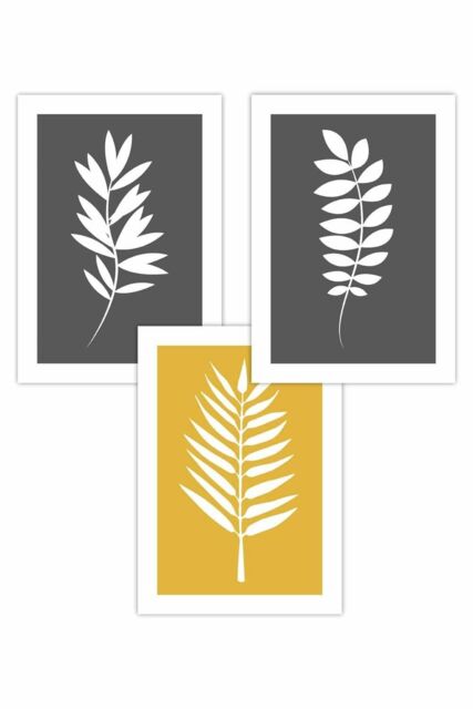 ARTZE Set of 3 Grey Yellow Graphical Leaves Art Posters in Dark Grey - Size: W50 cm x H70 cm - image 1