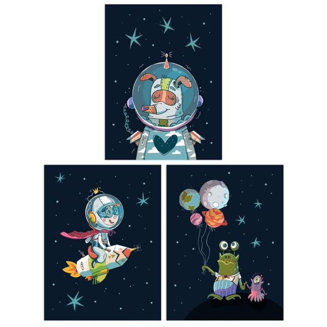 Wee Blue Coo Pack of 3 Astronaut Boy Bedroom Pet Dog & Aliens Fun Space Theme Colourful Unframed Wall Art Living Room Prints Set in Dark Navy - image 1