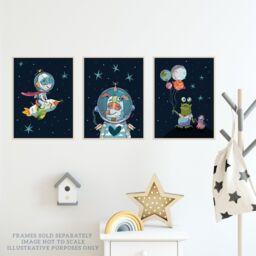 Wee Blue Coo Pack of 3 Astronaut Boy Bedroom Pet Dog & Aliens Fun Space Theme Colourful Unframed Wall Art Living Room Prints Set in Dark Navy - thumbnail 3