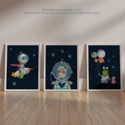 Wee Blue Coo Pack of 3 Astronaut Boy Bedroom Pet Dog & Aliens Fun Space Theme Colourful Unframed Wall Art Living Room Prints Set in Dark Navy - thumbnail 6
