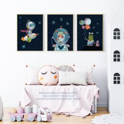 Wee Blue Coo Pack of 3 Astronaut Boy Bedroom Pet Dog & Aliens Fun Space Theme Colourful Unframed Wall Art Living Room Prints Set in Dark Navy - thumbnail 2