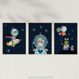 Wee Blue Coo Pack of 3 Astronaut Boy Bedroom Pet Dog & Aliens Fun Space Theme Colourful Unframed Wall Art Living Room Prints Set in Dark Navy - thumbnail 5