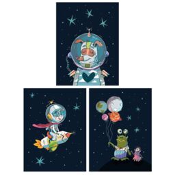 Wee Blue Coo Pack of 3 Astronaut Boy Bedroom Pet Dog & Aliens Fun Space Theme Colourful Unframed Wall Art Living Room Prints Set in Dark Navy - thumbnail 1