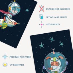 Wee Blue Coo Pack of 3 Astronaut Boy Bedroom Pet Dog & Aliens Fun Space Theme Colourful Unframed Wall Art Living Room Prints Set in Dark Navy - thumbnail 4