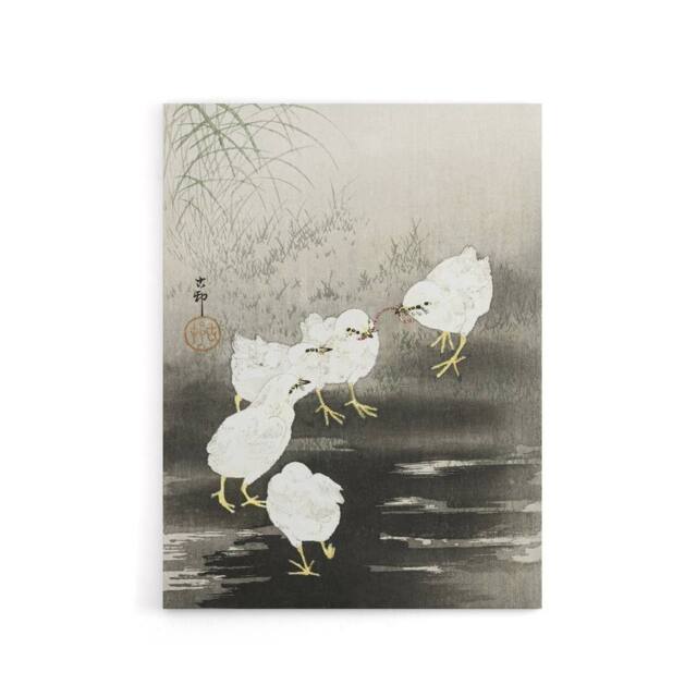 "Artery8 Chicks Eating Worms Canvas Wall Art Print Ohara Koson in Grey - Size: W18"" x H24""" - image 1