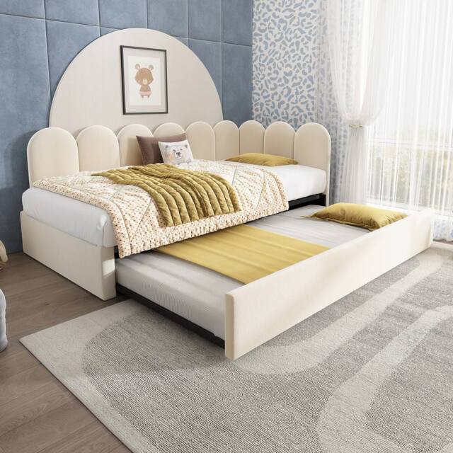 BTM Upholstered daybed with pull-out bed & slatted frame in Beige - image 1