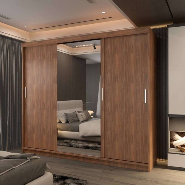 Sliding Wardrobes 4U Large Sliding Mirror Wardrobe with LED Modern Storage W250cm x H217cm in Walnut - image 1