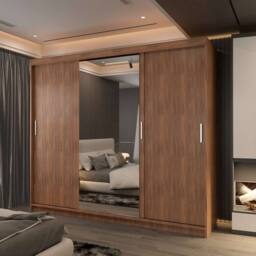 Sliding Wardrobes 4U Large Sliding Mirror Wardrobe with LED Modern Storage W250cm x H217cm in Walnut
