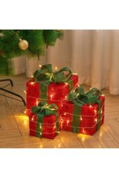 Living and Home 3Packs Christmas Ornament Decorative Lighted Gift Boxes Xmas Tree Decor in Green - thumbnail 1