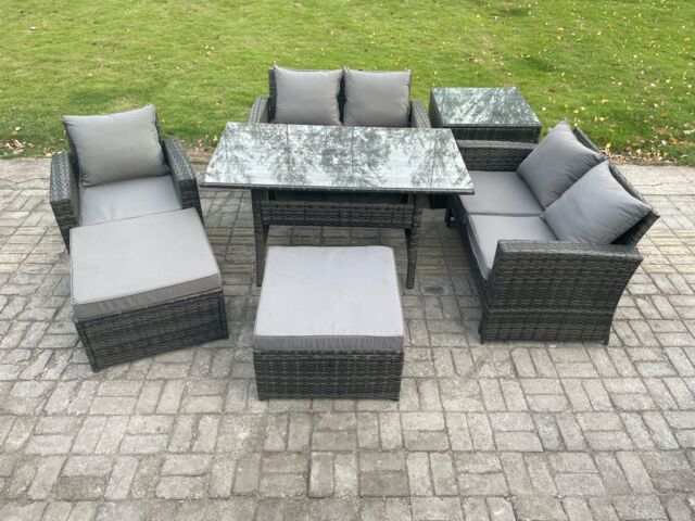 Fimous Outdoor Garden Dining Set Wicker PE Rattan Furniture Sofa with Dining Table Double Seat Sofa Side Table 2 Big Footstool Dark Grey Mixed