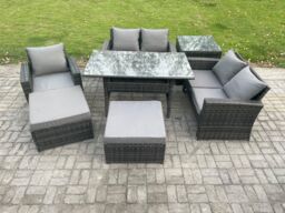 Fimous Outdoor Garden Dining Set Wicker PE Rattan Furniture Sofa with Dining Table Double Seat Sofa Side Table 2 Big Footstool Dark Grey Mixed - thumbnail 1