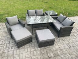 Fimous Outdoor Garden Dining Set Wicker PE Rattan Furniture Sofa with Dining Table Double Seat Sofa Side Table 2 Big Footstool Dark Grey Mixed - thumbnail 2