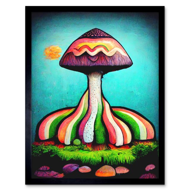 "Artery8 Wall Art Print Colourful Psychedelic Cartoon Mushroom Painting Art Framed in Black - Size: W12"" x H16""" - image 1