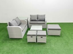 Fimous 7 Seater Outdoor Love Sofa Set Rattan Garden Furniture Set with Square Coffee Table 3 Footstool Side Table Light Grey - thumbnail 2