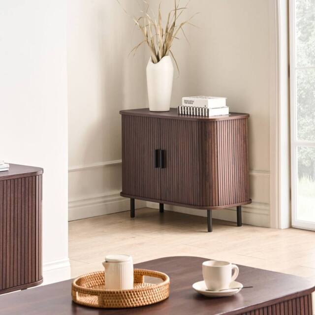 Wyld and Coco Retro Sliding Sideboard - Dark Brown Laminate Black Legs Pine Handles - image 1