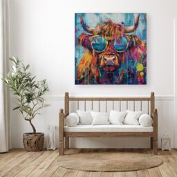 "Warren Reed - Designer Splashart Highland Cow With Glasses Canvas - Size: W30"" x H30""" - thumbnail 1
