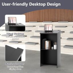 Gymax Podium Stand 117 CM Lectern Desk With Storage Shelf Cable Holes Black - thumbnail 5