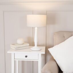 ValueLights Victoria White Wood Traditional Table Lamp with Fabric Drum Shade & LED Bulb in Natural - thumbnail 1