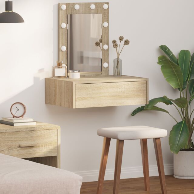 Berkfield Home Wall Hanging Dressing Table with LED Lights Sonoma Oak in Beige - image 1
