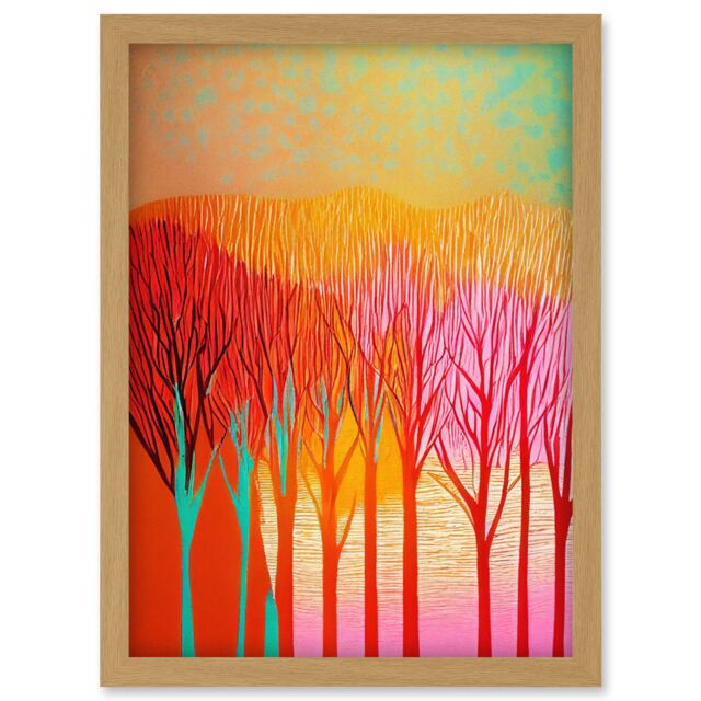Artery8 Forest Treetops Linocut Illustration Vibrant Bold Artwork Framed Wall Art Print A4 in Light Oak - image 1