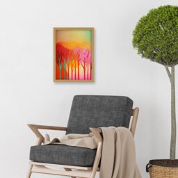 Artery8 Forest Treetops Linocut Illustration Vibrant Bold Artwork Framed Wall Art Print A4 in Light Oak - thumbnail 2
