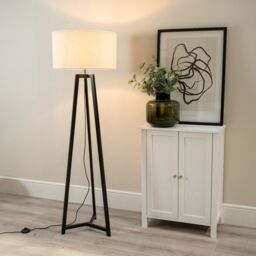 ValueLights Lottie Black Wood Tripod Floor Lamp with Boucle Drum Shade & LED Bulb in Cream - thumbnail 1