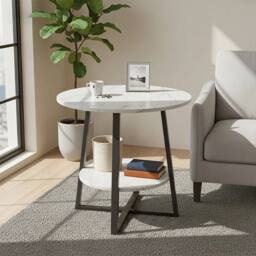 FORGEVIO 2 Tier Small Sofa Side Table Coffee End Round White Shelf - thumbnail 3
