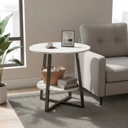FORGEVIO 2 Tier Small Sofa Side Table Coffee End Round White Shelf - thumbnail 4