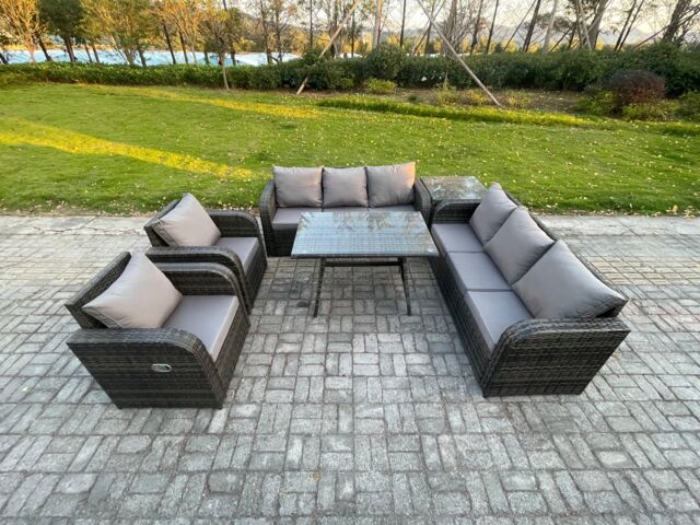 Fimous 8 Seater Rattan Outdoor Garden Furniture Sofa Set Patio Table & Chairs Set with 3 Seater Sofa Rectangular Dining Table Side Table in Dark Grey - image 1