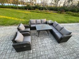 Fimous 8 Seater Rattan Outdoor Garden Furniture Sofa Set Patio Table & Chairs Set with 3 Seater Sofa Rectangular Dining Table Side Table in Dark Grey - thumbnail 2