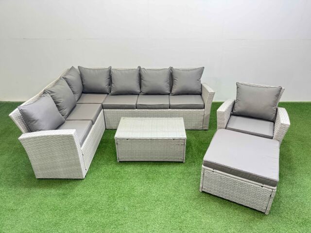 Fimous 8 Seater Garden Outdoor PE Rattan Furniture Set with Big Stool in Light Grey - image 1