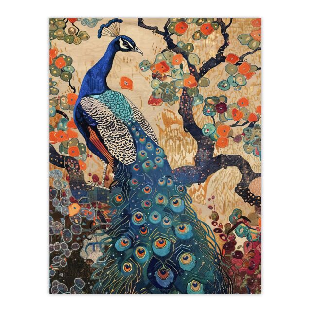 "Artery8 Peacock in Tree with Wildflowers Artwork Detailed Wall Art Print in Beige - Size: W12"" x H16""" - image 1