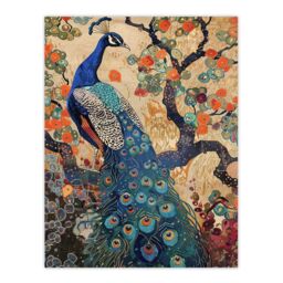 "Artery8 Peacock in Tree with Wildflowers Artwork Detailed Wall Art Print in Beige - Size: W12"" x H16""" - thumbnail 1