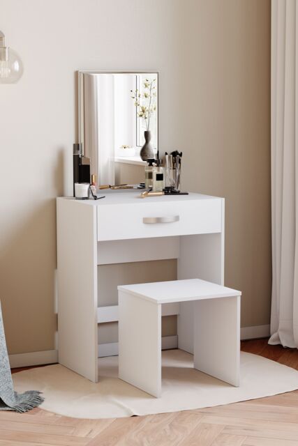 Home Discount Vida Designs Isla Dressing Table Set with Built-in Mirror & Stool in White - image 1