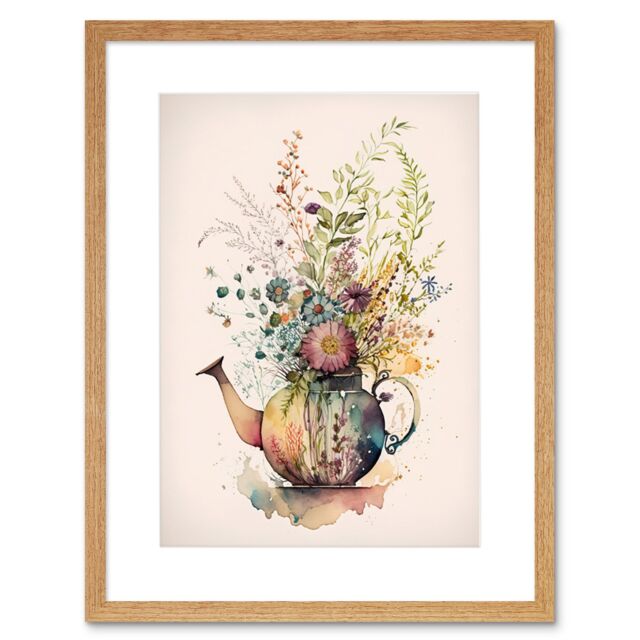 "Artery8 Wall Art Print Wildflower Floral Spring Bouquet in a Teapot Vase Artwork Framed 9X7 Inch in Beige - Size: W7"" x H9""" - image 1