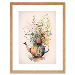 "Artery8 Wall Art Print Wildflower Floral Spring Bouquet in a Teapot Vase Artwork Framed 9X7 Inch in Beige - Size: W7"" x H9""" - thumbnail 1