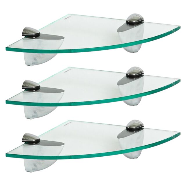 Harbour Housewares 3x Floating Glass Corner Shelves - 20cm Bathroom Storage Display Unit in Silver - image 1