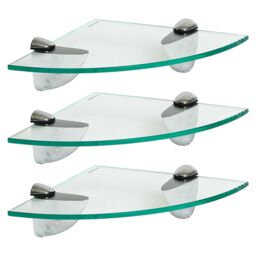 Harbour Housewares 3x Floating Glass Corner Shelves - 20cm Bathroom Storage Display Unit in Silver