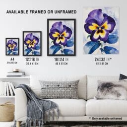 "Artery8 Purple Pansy Watercolour Painting Soft Floral Wall Art Print - Size: W18"" x H24""" - thumbnail 3