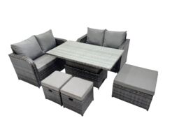 Fimous 7-seater Rattan Garden Furniture Dining Set with 3 Stool in Dark Grey - thumbnail 2