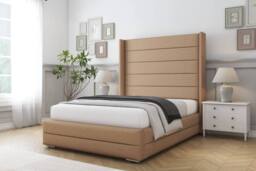 "Comfort Beds Milano Dumfries Bed Frame - 50"" Upholstered Wingback Headboard in Light Brown - Size: Super King"