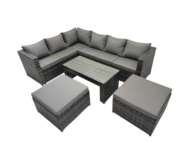 Fimous 5 Pieces Garden Furniture Corner Sofa Set & 2 Big Footstools in Dark Grey