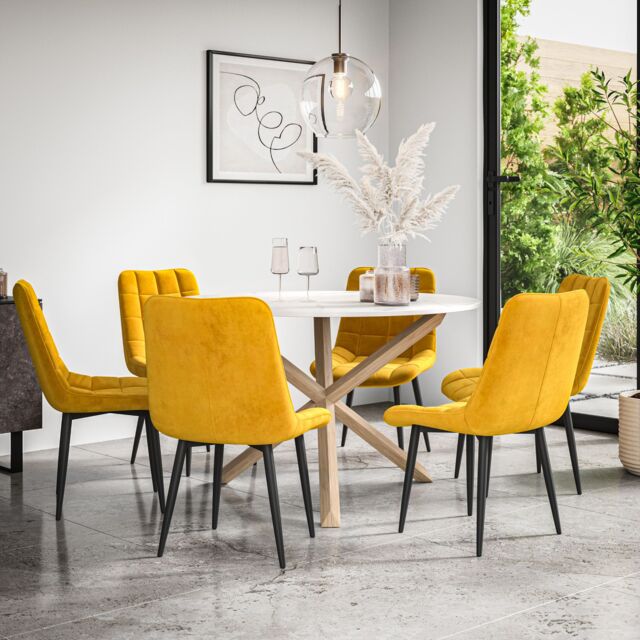 More4Homes Malvern Round Dining Table & Chairs - Marble Table Top w Solid Oak Legs + Nova Velvet Dining Chair Set Of 6 in Mustard - image 1