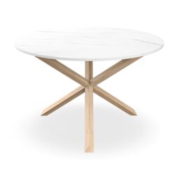 More4Homes Malvern Round Dining Table & Chairs - Marble Table Top w Solid Oak Legs + Nova Velvet Dining Chair Set Of 6 in Mustard - thumbnail 3
