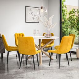 More4Homes Malvern Round Dining Table & Chairs - Marble Table Top w Solid Oak Legs + Nova Velvet Dining Chair Set Of 6 in Mustard - thumbnail 1