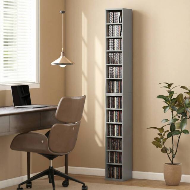 HOMCOM Set of 2 CD Storage Unit DVD Shelf with Adjustable Shelves Light Grey - image 1